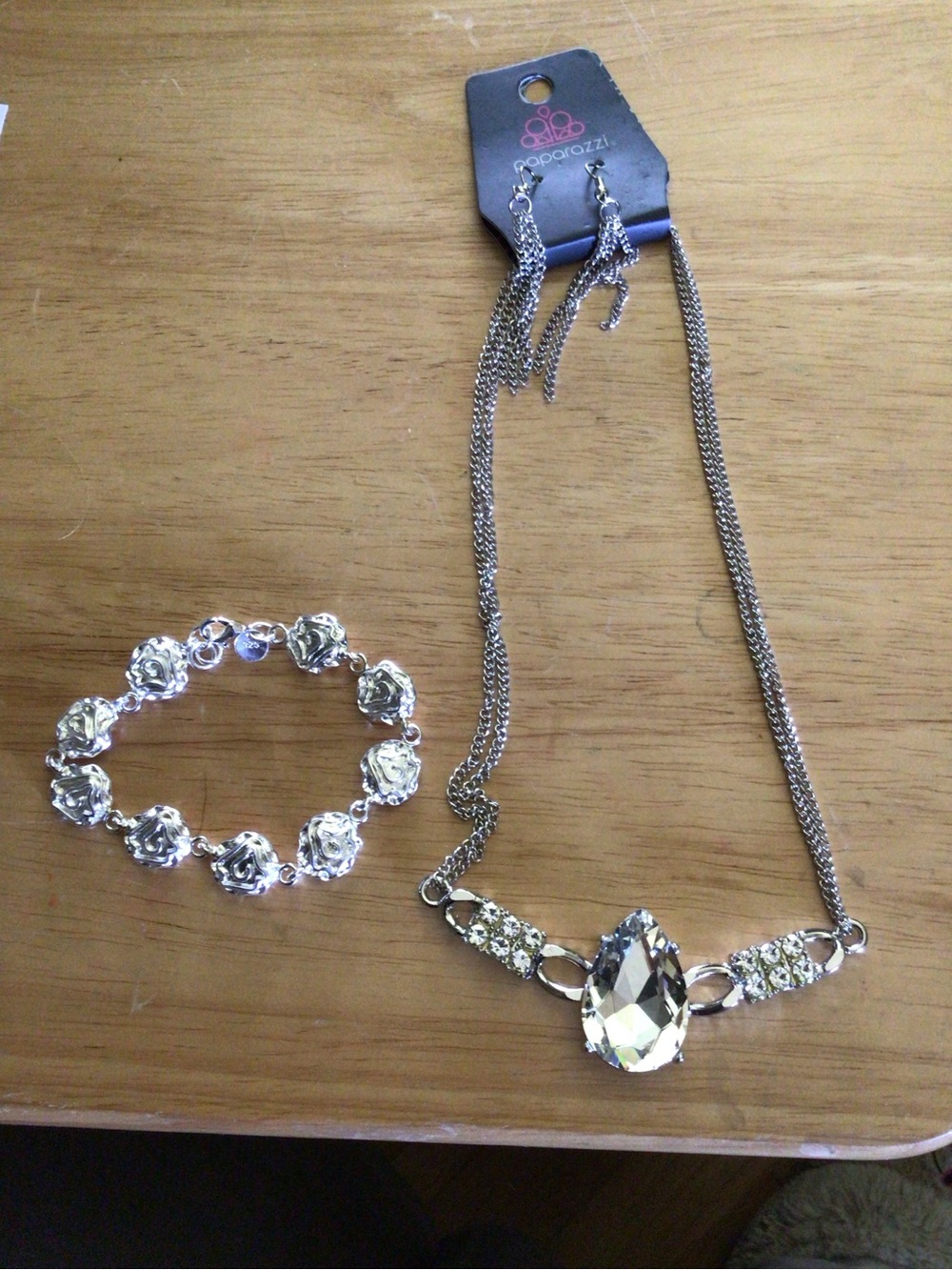 paparazzi Silver Teardrop Crystal Necklace and Rose Link Bracelet - Clear